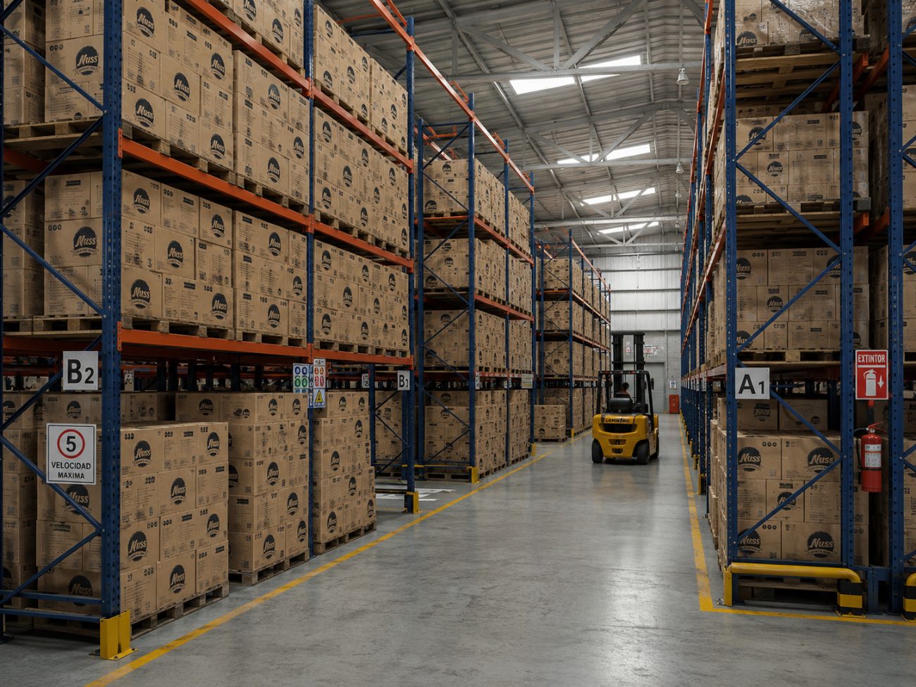 Depósito central de Cucuruchos Nuss: pallets de cajas en estanterías y autoelevador en operación