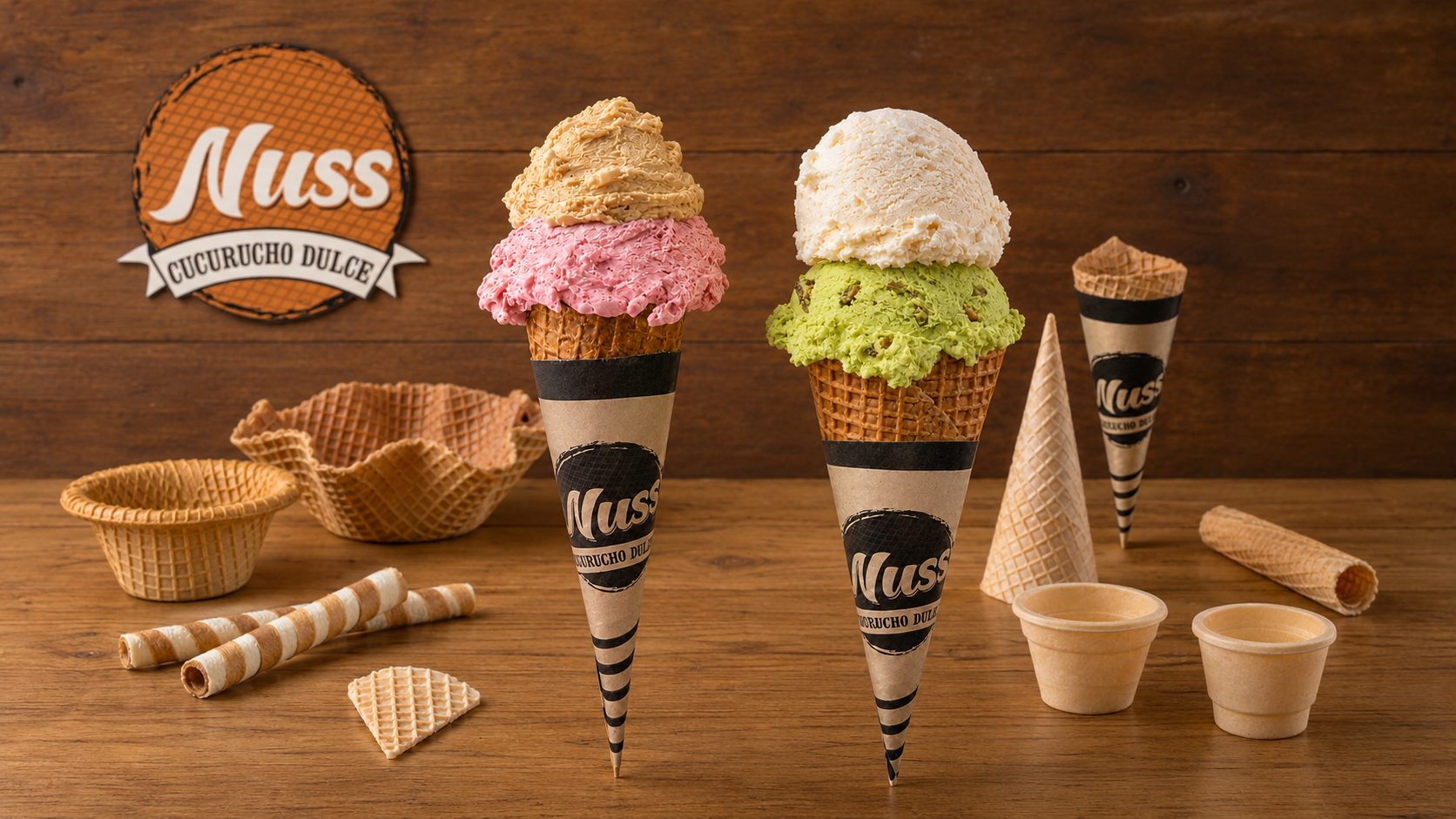 Familia completa de productos Cucuruchos Nuss: cucuruchones con helado de pistacho, vainilla, frutilla y dulce de leche, capelinas, cubanones, dolce rolly y tacitas sobre una mesa de madera